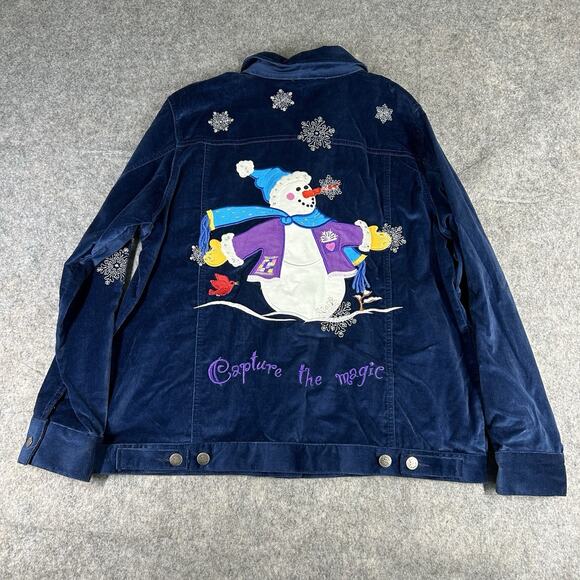 Vintage Quacker Factory Shirt Womens M Navy Embroidered Velvet Jacket Winter - Picture 8 of 8